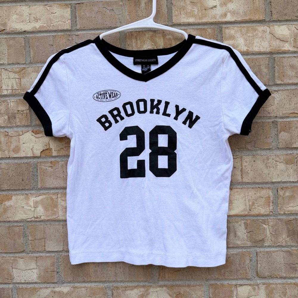 Streetwear Society Brooklyn 28 Graphic Ringer Tee Baby Tee White Black Size M